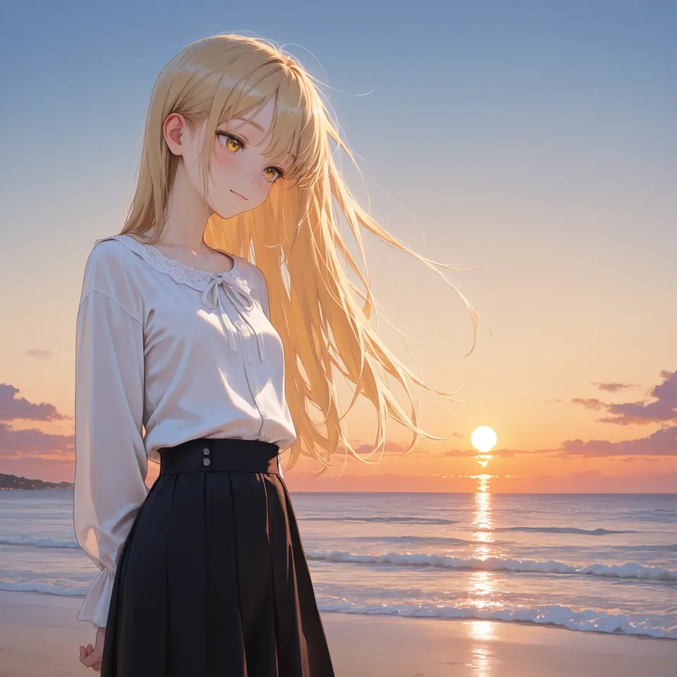 夕方の海辺の生成例